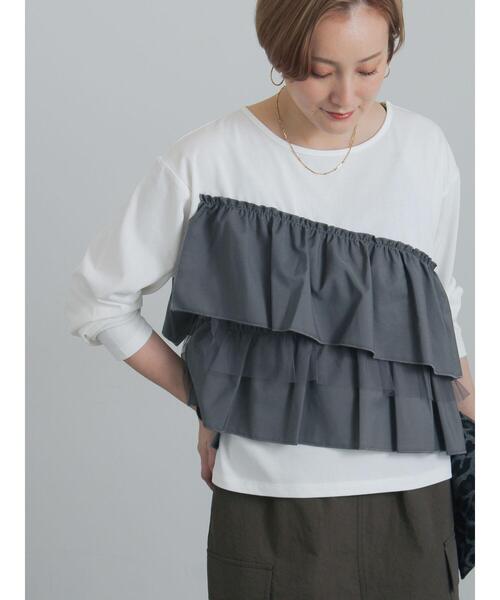 Te chichi(テチチ)の「フリルドッキングロンT(Tシャツ/カットソー・レディース・カーキ/ブラック/オフホワイト・F)」の1枚目の写真
