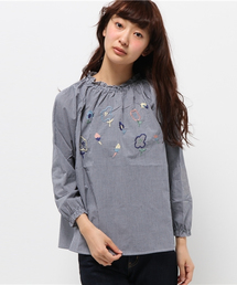 ギャザースモック花刺繍ブラウス