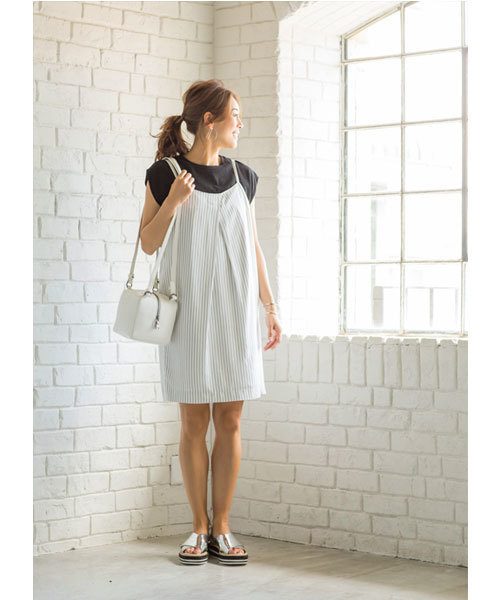 STYLE DELI(スタイルデリ)の「タック入りストライプ柄キャミワンピース(ワンピース・レディース・アイボリー/カーキ・MEDIUM)」の3枚目の写真