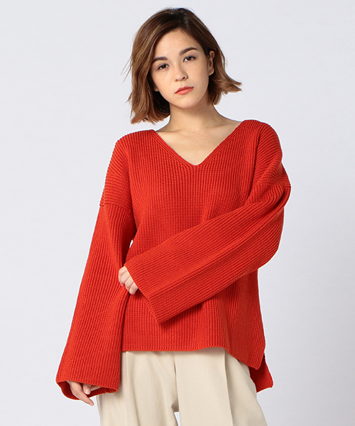 ESTNATION（エストネーション）の「ESTNATION 畔編みVネックニット（ニット/セーター・レディース・ホワイト/グレー/オレンジ・38）」の8枚目の写真