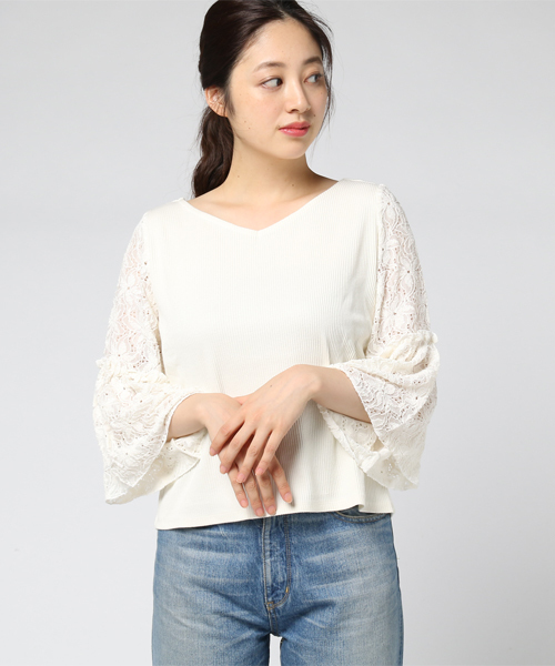 mystic（ミスティック）の「袖レースリブプルオーバー（Tシャツ/カットソー・レディース・グレー/ピンク/チャコールグレー/ブラック/オフホワイト・ﾌﾘ-）」の13枚目の写真