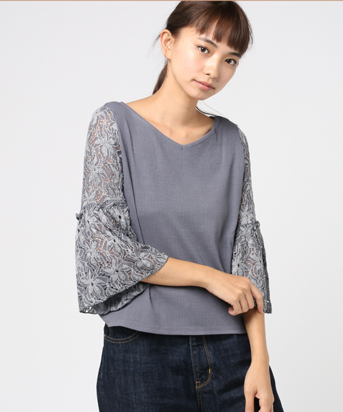 mystic（ミスティック）の「袖レースリブプルオーバー（Tシャツ/カットソー・レディース・グレー/ピンク/チャコールグレー/ブラック/オフホワイト・ﾌﾘ-）」の14枚目の写真