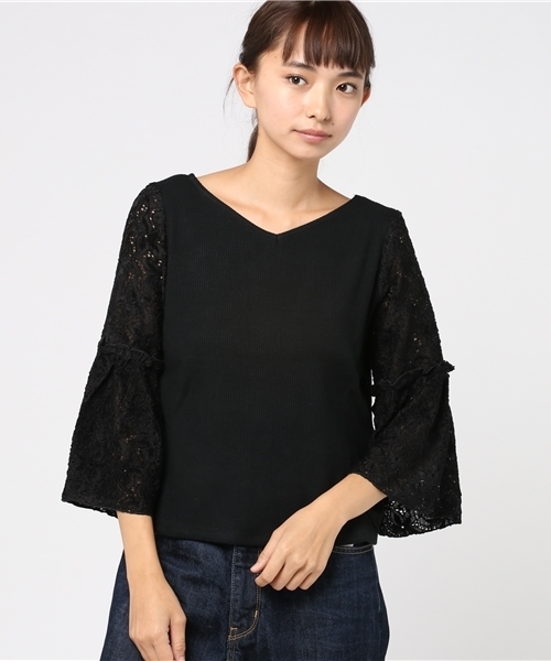 mystic（ミスティック）の「袖レースリブプルオーバー（Tシャツ/カットソー・レディース・グレー/ピンク/チャコールグレー/ブラック/オフホワイト・ﾌﾘ-）」の2枚目の写真