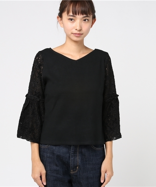 mystic（ミスティック）の「袖レースリブプルオーバー（Tシャツ/カットソー・レディース・グレー/ピンク/チャコールグレー/ブラック/オフホワイト・ﾌﾘ-）」の10枚目の写真