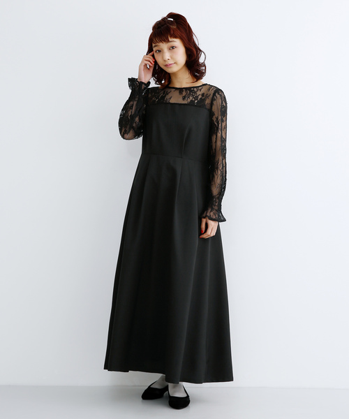 merlot plus(メルロープリュス)のウエストリボンレース切り替えワンピース1843(ドレス)
