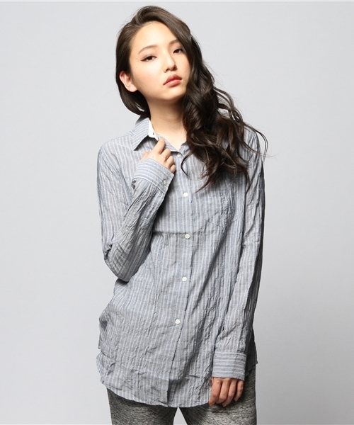 goa(ゴア)の「ドビーストライプカシュクールシャツ(シャツ/ブラウス・レディース・オフホワイト/ブルー/ネイビー・FREE)」の1枚目の写真