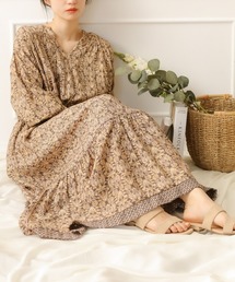 Bab | 【WEB限定】Made in INDIA◆オリエンタル柄ロングワンピース/ウエストリボンフレアギャザーティアードマキシワンピース(ワンピース)