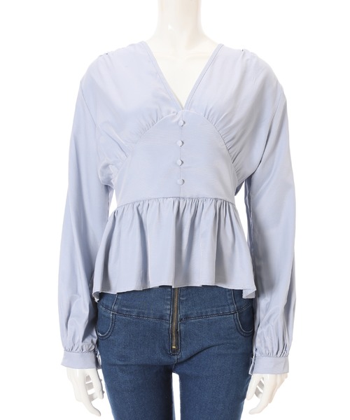 fifth(フィフス)の「Vネックギャザーペプラムブラウス(シャツ/ブラウス・レディース・ブルー/グレイッシュベージュ・MEDIUM)」の2枚目の写真