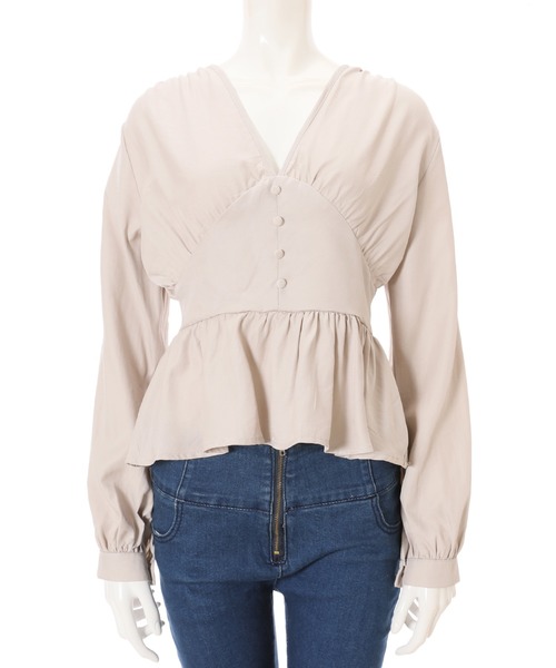 fifth(フィフス)の「Vネックギャザーペプラムブラウス(シャツ/ブラウス・レディース・ブルー/グレイッシュベージュ・MEDIUM)」の6枚目の写真