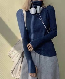 ニットトップス レディース無地カットソー/長袖タイトプルオーバータートル