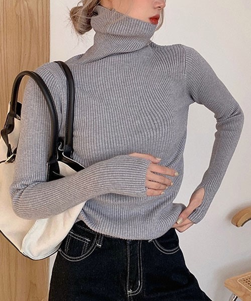 FRP（エフアールピー）の「ニットトップス　レディース無地カットソー/長袖タイトプルオーバータートル（ニット/セーター・レディース・グレー/ベージュ/ブラック/ネイビー・FREE）」の3枚目の写真