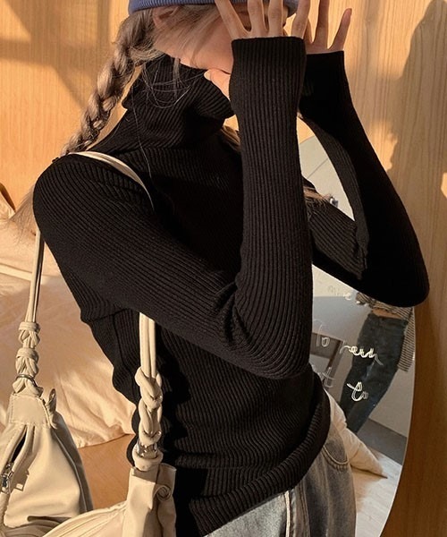 FRP（エフアールピー）の「ニットトップス　レディース無地カットソー/長袖タイトプルオーバータートル（ニット/セーター・レディース・グレー/ベージュ/ブラック/ネイビー・FREE）」の11枚目の写真