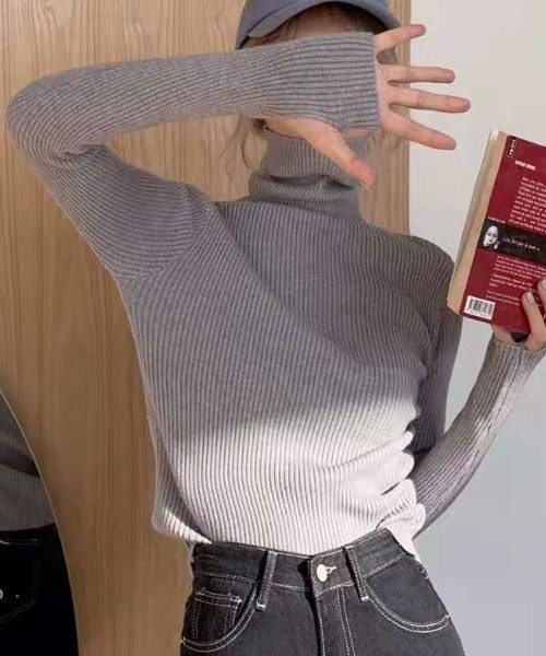 FRP（エフアールピー）の「ニットトップス　レディース無地カットソー/長袖タイトプルオーバータートル（ニット/セーター・レディース・グレー/ベージュ/ブラック/ネイビー・FREE）」の15枚目の写真