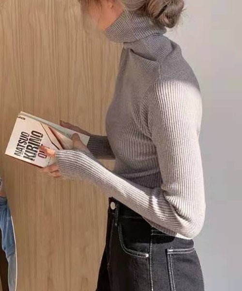 FRP（エフアールピー）の「ニットトップス　レディース無地カットソー/長袖タイトプルオーバータートル（ニット/セーター・レディース・グレー/ベージュ/ブラック/ネイビー・FREE）」の13枚目の写真