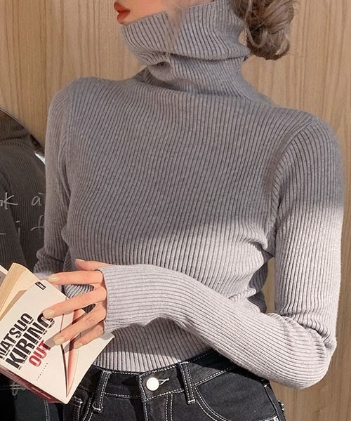 FRP（エフアールピー）の「ニットトップス　レディース無地カットソー/長袖タイトプルオーバータートル（ニット/セーター・レディース・グレー/ベージュ/ブラック/ネイビー・FREE）」の7枚目の写真