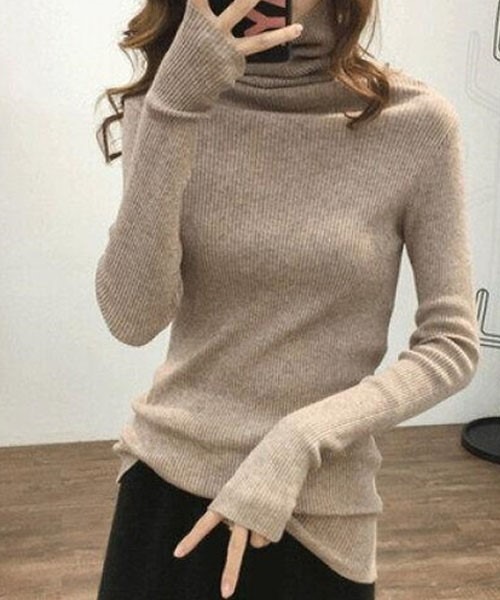 FRP（エフアールピー）の「ニットトップス　レディース無地カットソー/長袖タイトプルオーバータートル（ニット/セーター・レディース・グレー/ベージュ/ブラック/ネイビー・FREE）」の17枚目の写真