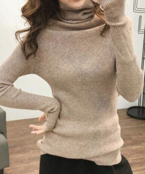 FRP（エフアールピー）の「ニットトップス　レディース無地カットソー/長袖タイトプルオーバータートル（ニット/セーター・レディース・グレー/ベージュ/ブラック/ネイビー・FREE）」の19枚目の写真