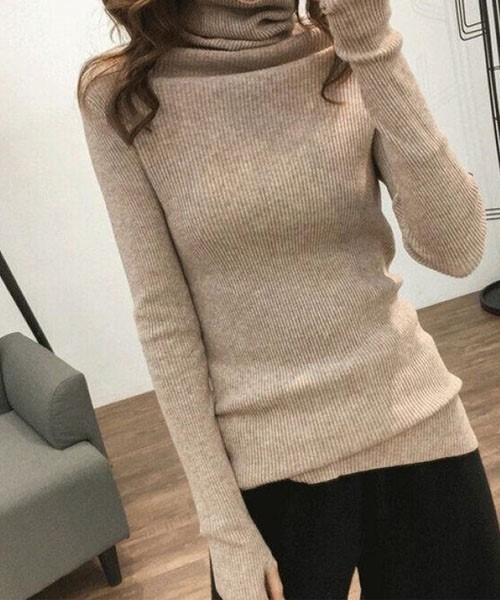 FRP（エフアールピー）の「ニットトップス　レディース無地カットソー/長袖タイトプルオーバータートル（ニット/セーター・レディース・グレー/ベージュ/ブラック/ネイビー・FREE）」の12枚目の写真