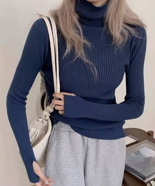 FRP（エフアールピー）の「ニットトップス　レディース無地カットソー/長袖タイトプルオーバータートル（ニット/セーター・レディース・グレー/ベージュ/ブラック/ネイビー・FREE）」の10枚目の写真