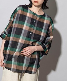 Munich | コットンリネンローンチェック　ヘンリーネックブラウス(シャツ/ブラウス)