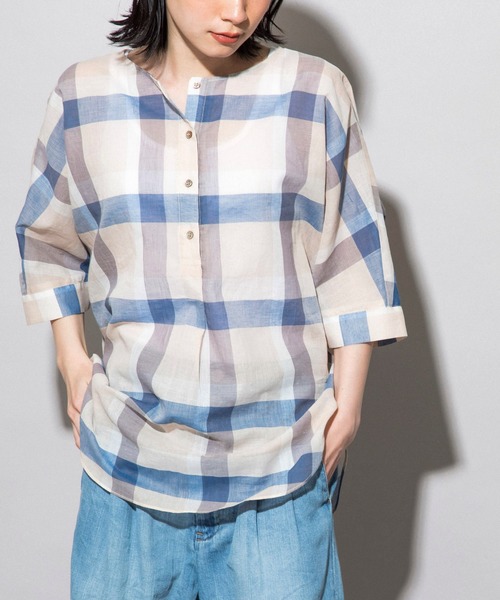 Munich（ミューニック）の「コットンリネンローンチェック　ヘンリーネックブラウス（シャツ/ブラウス・レディース・ブラック/ベージュ・FREE）」の6枚目の写真