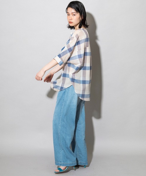 Munich（ミューニック）の「コットンリネンローンチェック　ヘンリーネックブラウス（シャツ/ブラウス・レディース・ブラック/ベージュ・FREE）」の4枚目の写真