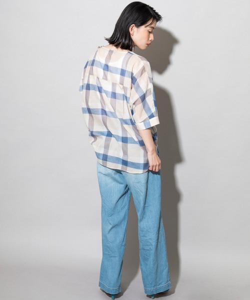 Munich（ミューニック）の「コットンリネンローンチェック　ヘンリーネックブラウス（シャツ/ブラウス・レディース・ブラック/ベージュ・FREE）」の5枚目の写真