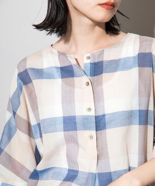 Munich（ミューニック）の「コットンリネンローンチェック　ヘンリーネックブラウス（シャツ/ブラウス・レディース・ブラック/ベージュ・FREE）」の10枚目の写真