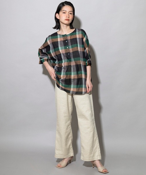 Munich（ミューニック）の「コットンリネンローンチェック　ヘンリーネックブラウス（シャツ/ブラウス・レディース・ブラック/ベージュ・FREE）」の15枚目の写真