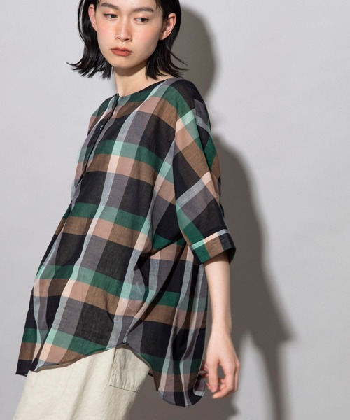 Munich（ミューニック）の「コットンリネンローンチェック　ヘンリーネックブラウス（シャツ/ブラウス・レディース・ブラック/ベージュ・FREE）」の19枚目の写真