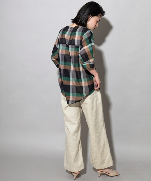 Munich（ミューニック）の「コットンリネンローンチェック　ヘンリーネックブラウス（シャツ/ブラウス・レディース・ブラック/ベージュ・FREE）」の17枚目の写真