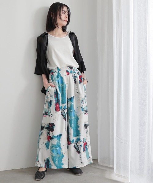 ゆゆTORNADOMart　アートプリント フレアパンツ ブラウン系 n'OrLABEL（ノアールレーベル）の「『水彩アートプリントワイド