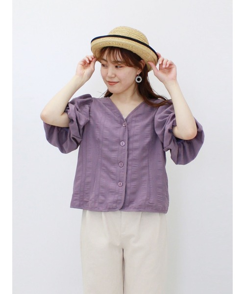 ehka sopo（エヘカソポ）の「Vネックパフスリーブブラウス（シャツ/ブラウス・レディース・ラベンダー/オフホワイト/グリーン/ブラック・ﾌﾘ-）」の4枚目の写真