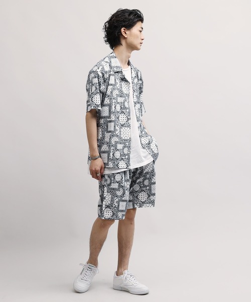 Lulu ＆ Arnie（るるあんどあーにー）の「【セットアップで着用可能】ポリエステル 総柄 オープンカラー 半袖 シャツ（シャツ/ブラウス・メンズ・ブラック系その他/ホワイト系その他・MEDIUM/LARGE/X-LARGE）」の10枚目の写真