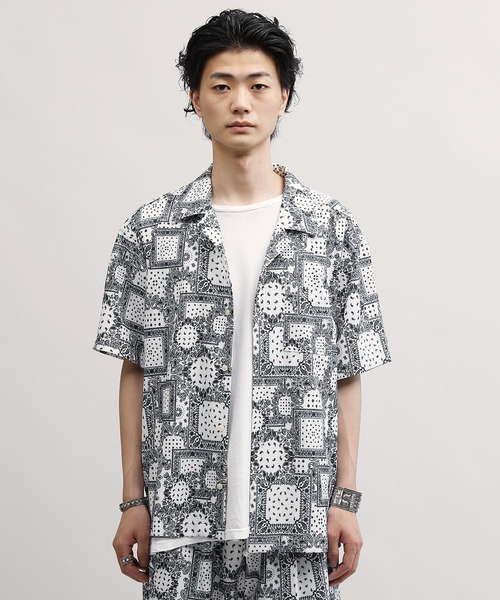 Lulu ＆ Arnie（るるあんどあーにー）の「【セットアップで着用可能】ポリエステル 総柄 オープンカラー 半袖 シャツ（シャツ/ブラウス・メンズ・ブラック系その他/ホワイト系その他・MEDIUM/LARGE/X-LARGE）」の21枚目の写真