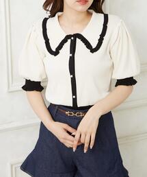 配色フリル襟ニットカーディガン／半袖