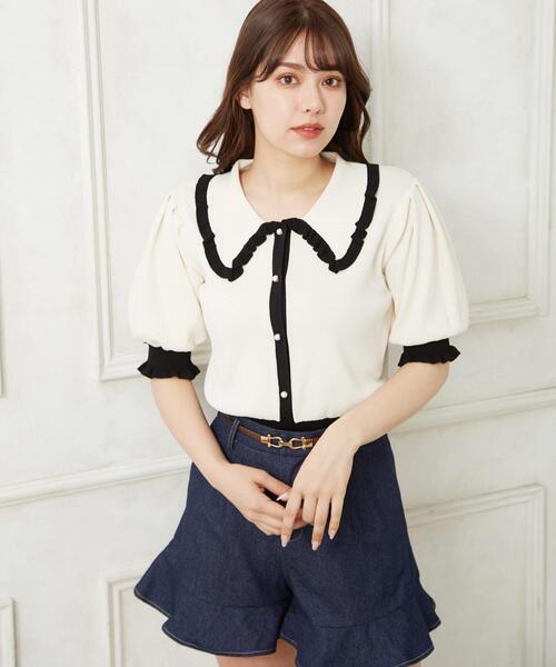 Allamanda（アラマンダ）の「配色フリル襟ニットカーディガン／半袖（カーディガン/ボレロ・レディース・ホワイト×ブラック/ブラック×ホワイト/サックスブルー系・M）」の5枚目の写真