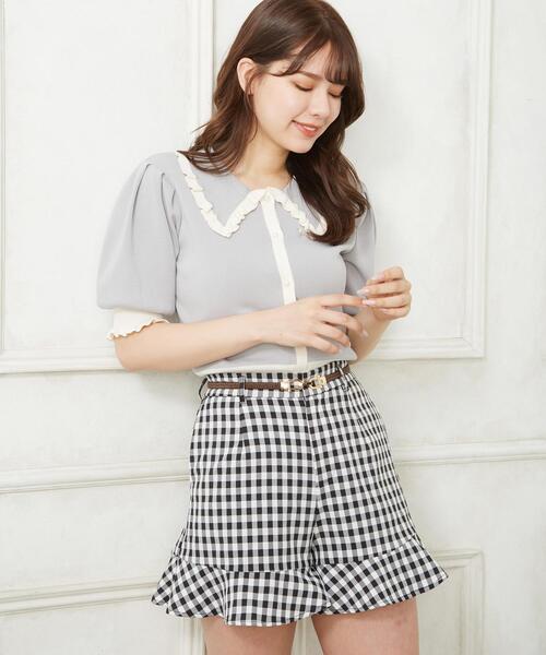 Allamanda（アラマンダ）の「配色フリル襟ニットカーディガン／半袖（カーディガン/ボレロ・レディース・ホワイト×ブラック/ブラック×ホワイト/サックスブルー系・M）」の4枚目の写真