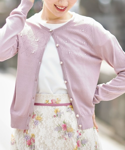 tocco closet(トッコ クローゼット)の「パール付き透かし編みUV加工カーディガン(カーディガン/ボレロ・レディース・ブラック/ピンク系その他・M)」の1枚目の写真