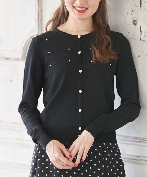 tocco closet(トッコ クローゼット)の「パール付き透かし編みUV加工カーディガン(カーディガン/ボレロ・レディース・ブラック/ピンク系その他・M)」の2枚目の写真