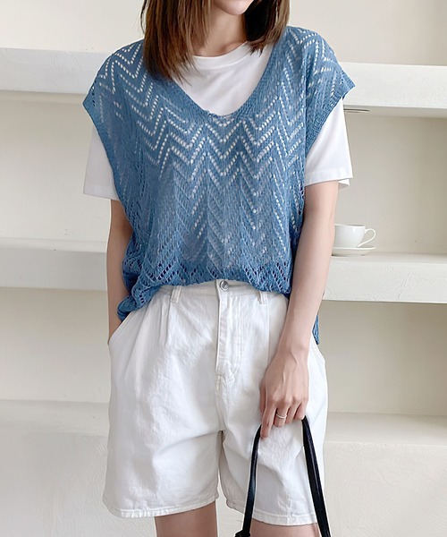 me+em select（ミームセレクト）の「クロシェニットオーバーベスト（ベスト・レディース・ブルー/アイボリー/ブラック/ベージュ・FREE）」の4枚目の写真