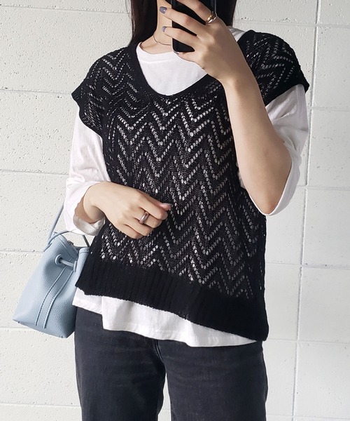 me+em select（ミームセレクト）の「クロシェニットオーバーベスト（ベスト・レディース・ブルー/アイボリー/ブラック/ベージュ・FREE）」の7枚目の写真