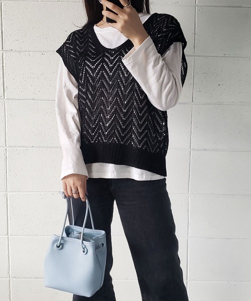 me+em select（ミームセレクト）の「クロシェニットオーバーベスト（ベスト・レディース・ブルー/アイボリー/ブラック/ベージュ・FREE）」の8枚目の写真