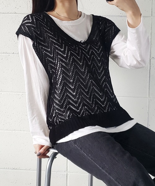 me+em select（ミームセレクト）の「クロシェニットオーバーベスト（ベスト・レディース・ブルー/アイボリー/ブラック/ベージュ・FREE）」の9枚目の写真