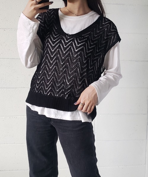 me+em select（ミームセレクト）の「クロシェニットオーバーベスト（ベスト・レディース・ブルー/アイボリー/ブラック/ベージュ・FREE）」の10枚目の写真