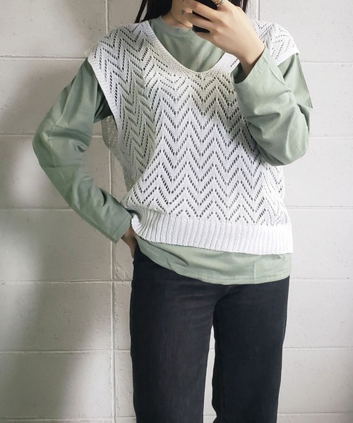 me+em select（ミームセレクト）の「クロシェニットオーバーベスト（ベスト・レディース・ブルー/アイボリー/ブラック/ベージュ・FREE）」の19枚目の写真