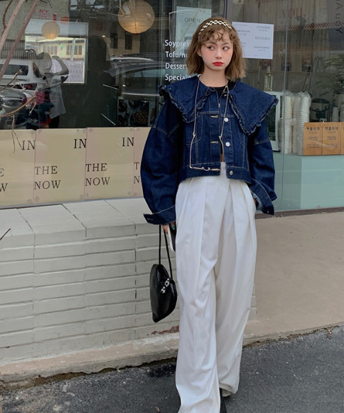 emi+（エミプラス）の「BIG襟フリルデニムジャケット（デニム