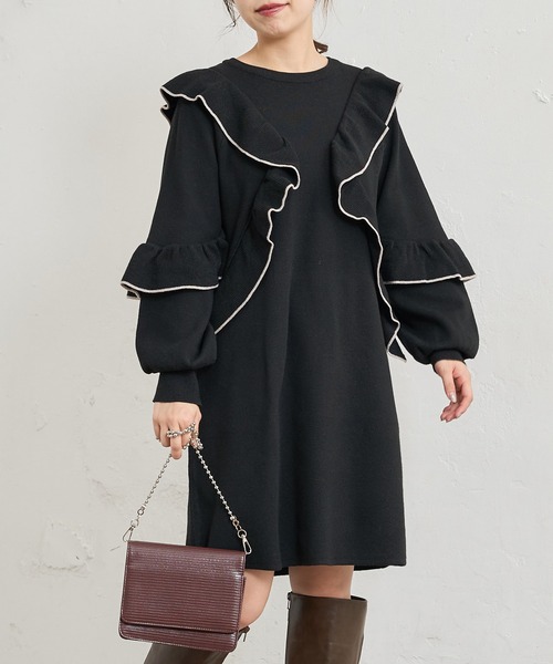natural couture(ナチュラルクチュール)の「【WEB限定】ラッフルフリルニットチュニックワンピース(ワンピース・レディース・カーキ/ブラック/グレー/オフホワイト・FREE)」の9枚目の写真