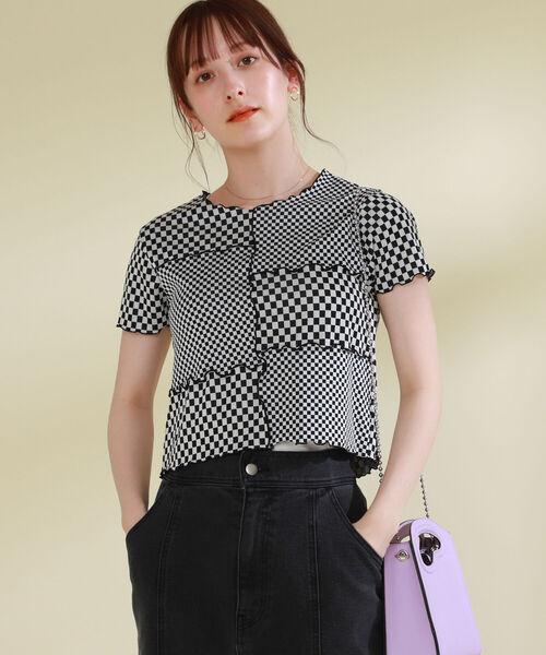 Ray BEAMS（レイビームス）の「Ray BEAMS / チェッカー パッチワーク Tシャツ（Tシャツ/カットソー・レディース・ブラック/レッド・ONE SIZE）」の3枚目の写真