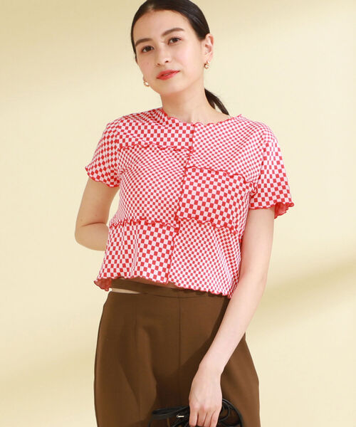 Ray BEAMS（レイビームス）の「Ray BEAMS / チェッカー パッチワーク Tシャツ（Tシャツ/カットソー・レディース・ブラック/レッド・ONE SIZE）」の7枚目の写真